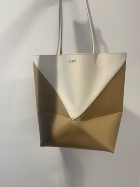 Loewe Puzzle Two-Tone White and Tan Medium Leather Tote